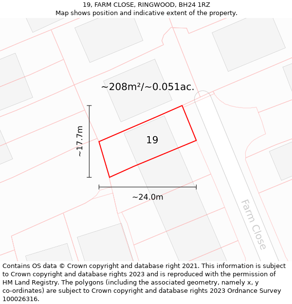 19, FARM CLOSE, RINGWOOD, BH24 1RZ: Plot and title map