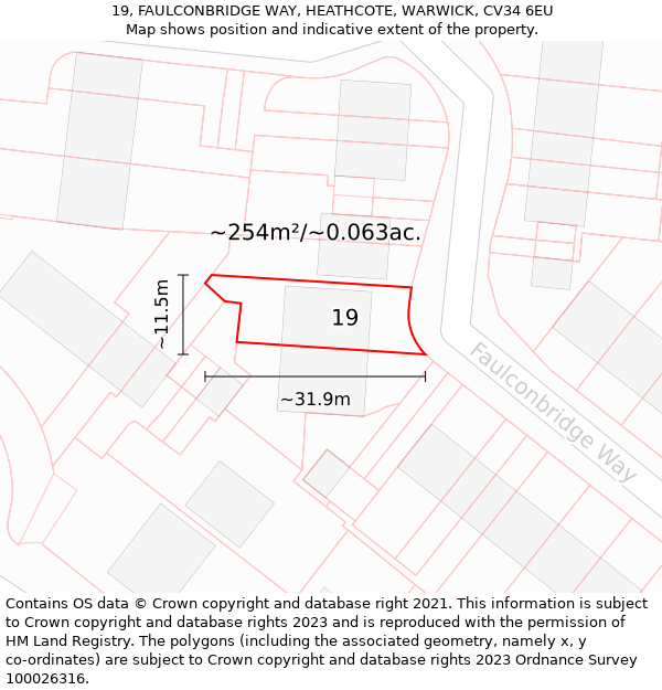 19, FAULCONBRIDGE WAY, HEATHCOTE, WARWICK, CV34 6EU: Plot and title map