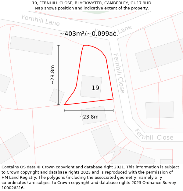 19, FERNHILL CLOSE, BLACKWATER, CAMBERLEY, GU17 9HD: Plot and title map