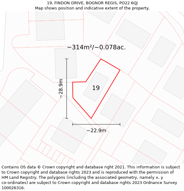 19, FINDON DRIVE, BOGNOR REGIS, PO22 6QJ: Plot and title map