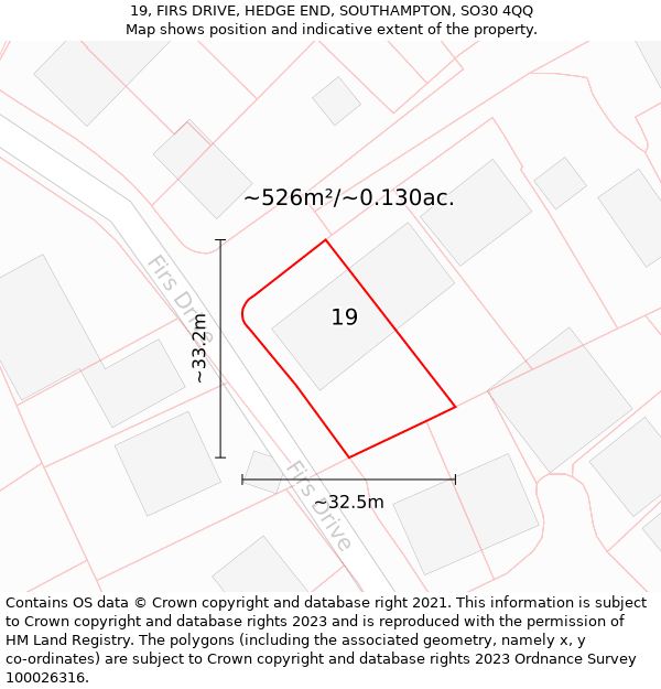 19, FIRS DRIVE, HEDGE END, SOUTHAMPTON, SO30 4QQ: Plot and title map