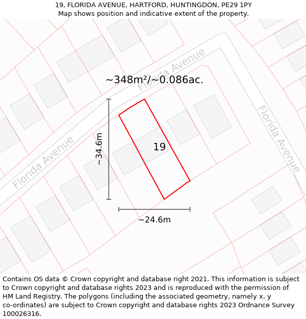 19, FLORIDA AVENUE, HARTFORD, HUNTINGDON, PE29 1PY: Plot and title map