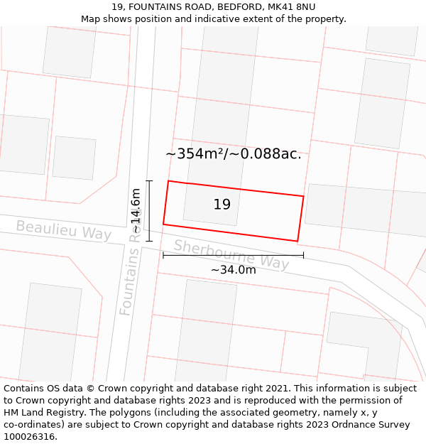 19, FOUNTAINS ROAD, BEDFORD, MK41 8NU: Plot and title map