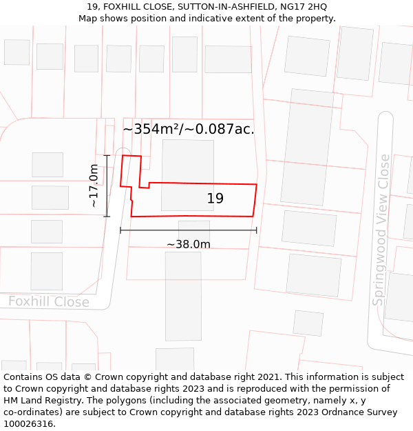 19, FOXHILL CLOSE, SUTTON-IN-ASHFIELD, NG17 2HQ: Plot and title map