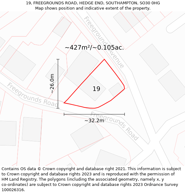 19, FREEGROUNDS ROAD, HEDGE END, SOUTHAMPTON, SO30 0HG: Plot and title map