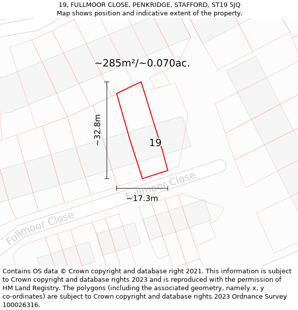 19, FULLMOOR CLOSE, PENKRIDGE, STAFFORD, ST19 5JQ: Plot and title map