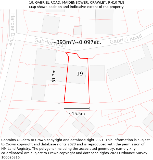 19, GABRIEL ROAD, MAIDENBOWER, CRAWLEY, RH10 7LG: Plot and title map