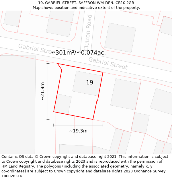 19, GABRIEL STREET, SAFFRON WALDEN, CB10 2GR: Plot and title map