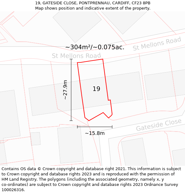 19, GATESIDE CLOSE, PONTPRENNAU, CARDIFF, CF23 8PB: Plot and title map