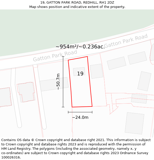 19, GATTON PARK ROAD, REDHILL, RH1 2DZ: Plot and title map