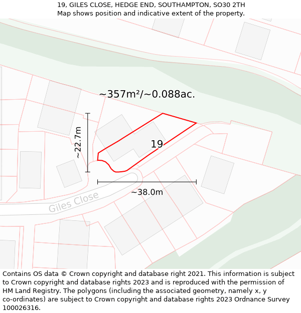 19, GILES CLOSE, HEDGE END, SOUTHAMPTON, SO30 2TH: Plot and title map