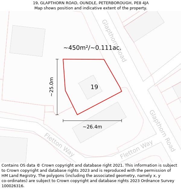 19, GLAPTHORN ROAD, OUNDLE, PETERBOROUGH, PE8 4JA: Plot and title map