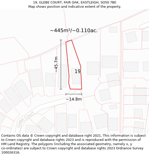 19, GLEBE COURT, FAIR OAK, EASTLEIGH, SO50 7BE: Plot and title map