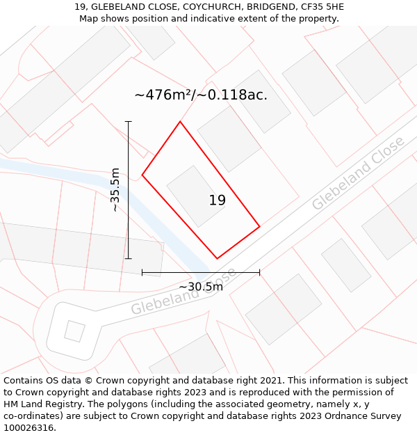 19, GLEBELAND CLOSE, COYCHURCH, BRIDGEND, CF35 5HE: Plot and title map