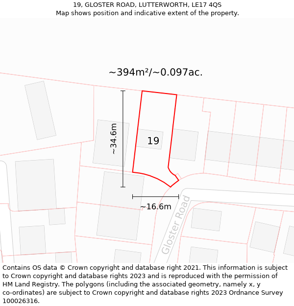 19, GLOSTER ROAD, LUTTERWORTH, LE17 4QS: Plot and title map