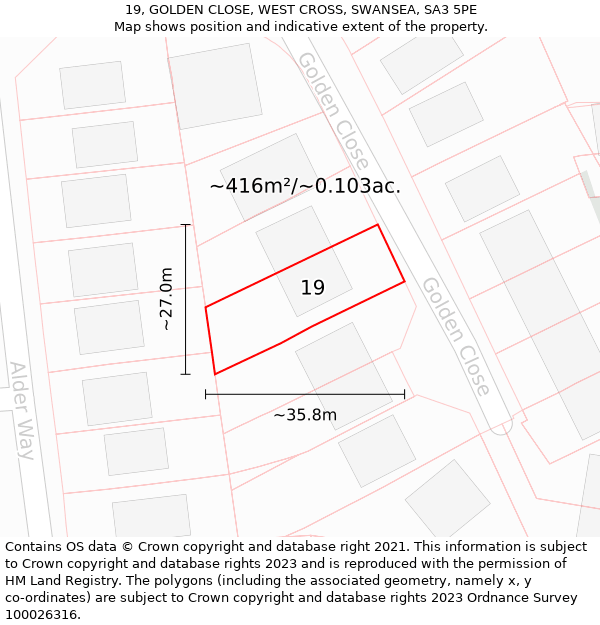 19, GOLDEN CLOSE, WEST CROSS, SWANSEA, SA3 5PE: Plot and title map