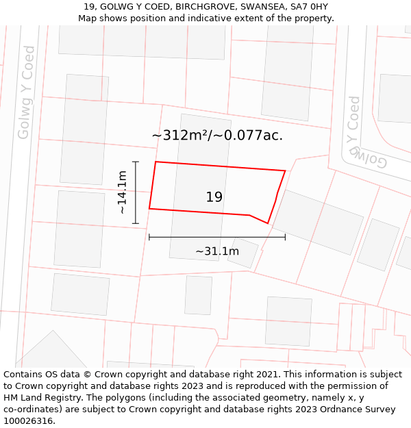 19, GOLWG Y COED, BIRCHGROVE, SWANSEA, SA7 0HY: Plot and title map