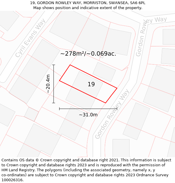 19, GORDON ROWLEY WAY, MORRISTON, SWANSEA, SA6 6PL: Plot and title map