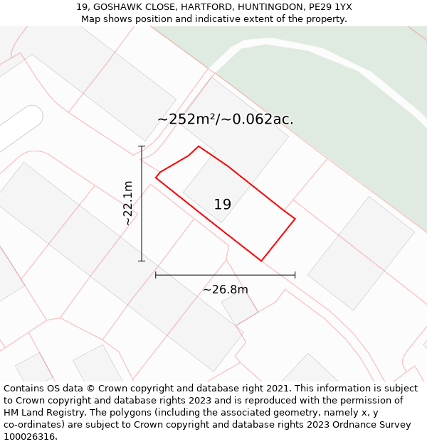 19, GOSHAWK CLOSE, HARTFORD, HUNTINGDON, PE29 1YX: Plot and title map