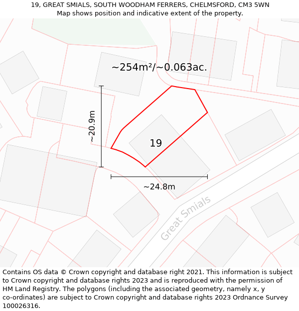 19, GREAT SMIALS, SOUTH WOODHAM FERRERS, CHELMSFORD, CM3 5WN: Plot and title map