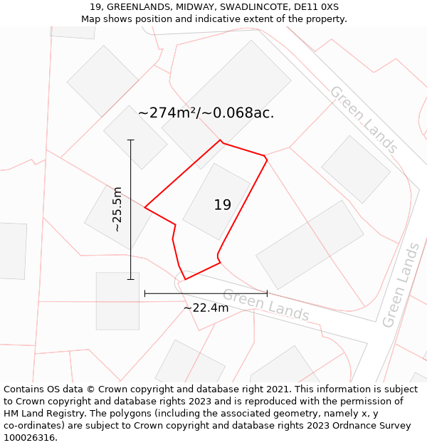 19, GREENLANDS, MIDWAY, SWADLINCOTE, DE11 0XS: Plot and title map