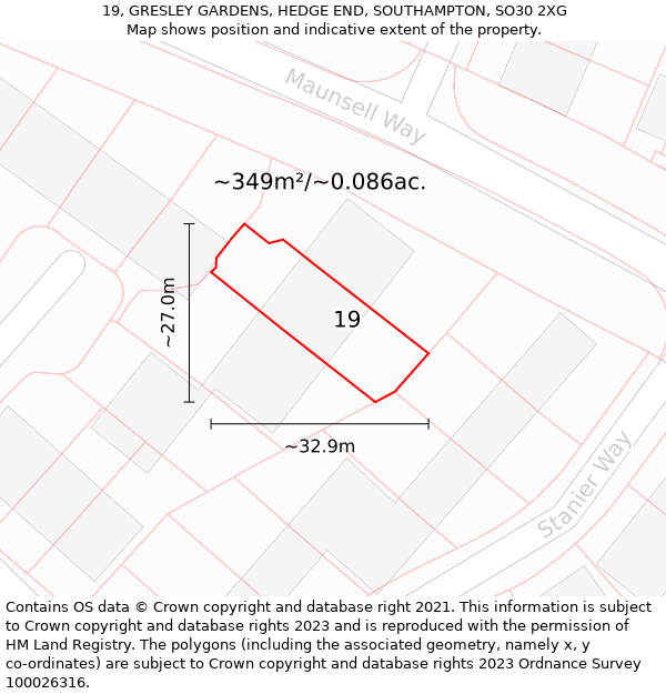 19, GRESLEY GARDENS, HEDGE END, SOUTHAMPTON, SO30 2XG: Plot and title map