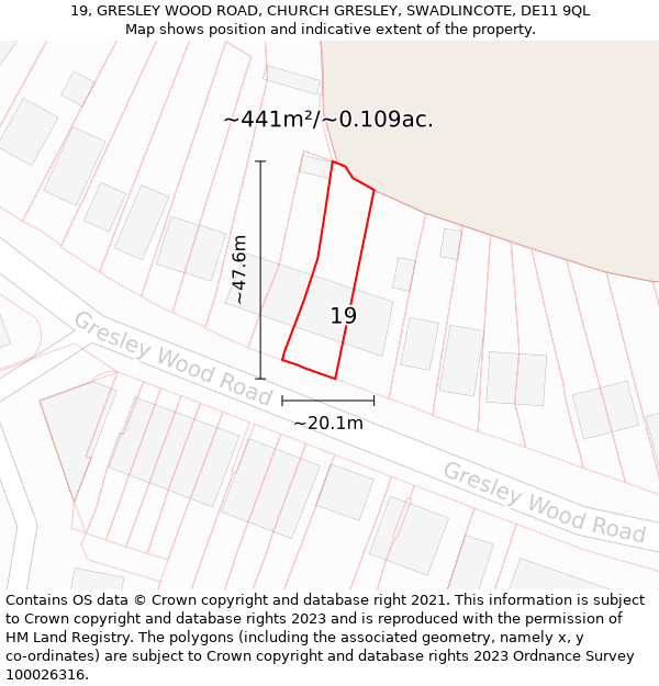 19, GRESLEY WOOD ROAD, CHURCH GRESLEY, SWADLINCOTE, DE11 9QL: Plot and title map