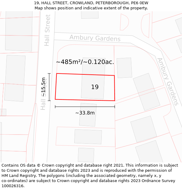 19, HALL STREET, CROWLAND, PETERBOROUGH, PE6 0EW: Plot and title map