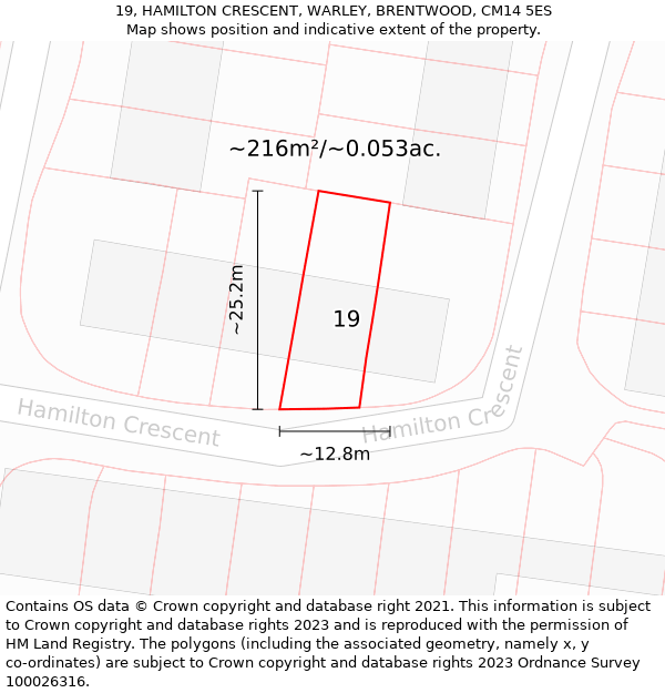 19, HAMILTON CRESCENT, WARLEY, BRENTWOOD, CM14 5ES: Plot and title map