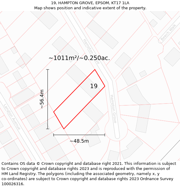 19, HAMPTON GROVE, EPSOM, KT17 1LA: Plot and title map