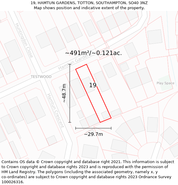 19, HAMTUN GARDENS, TOTTON, SOUTHAMPTON, SO40 3NZ: Plot and title map