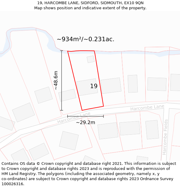 19, HARCOMBE LANE, SIDFORD, SIDMOUTH, EX10 9QN: Plot and title map
