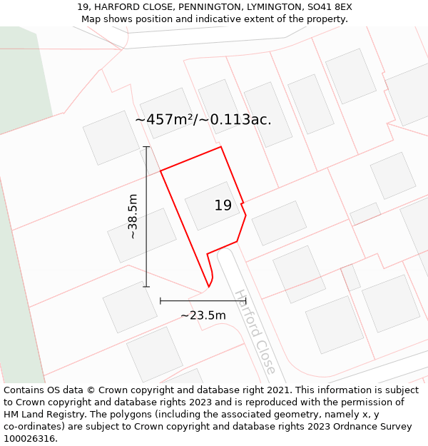 19, HARFORD CLOSE, PENNINGTON, LYMINGTON, SO41 8EX: Plot and title map