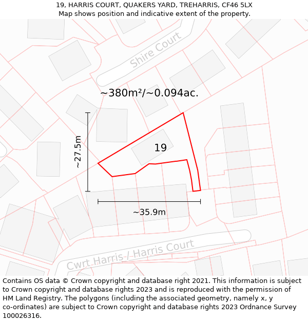 19, HARRIS COURT, QUAKERS YARD, TREHARRIS, CF46 5LX: Plot and title map