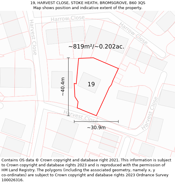 19, HARVEST CLOSE, STOKE HEATH, BROMSGROVE, B60 3QS: Plot and title map