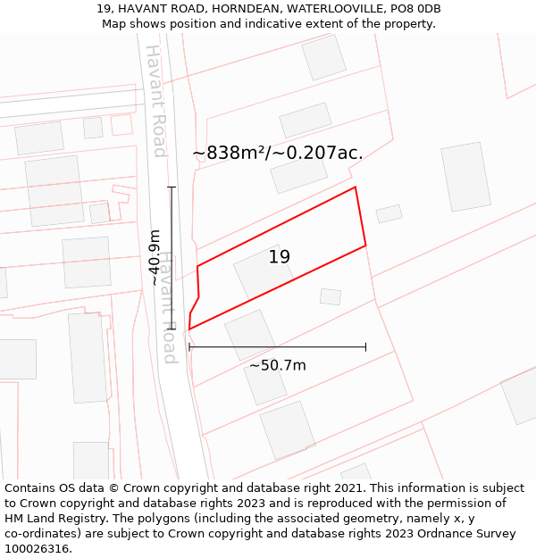19, HAVANT ROAD, HORNDEAN, WATERLOOVILLE, PO8 0DB: Plot and title map