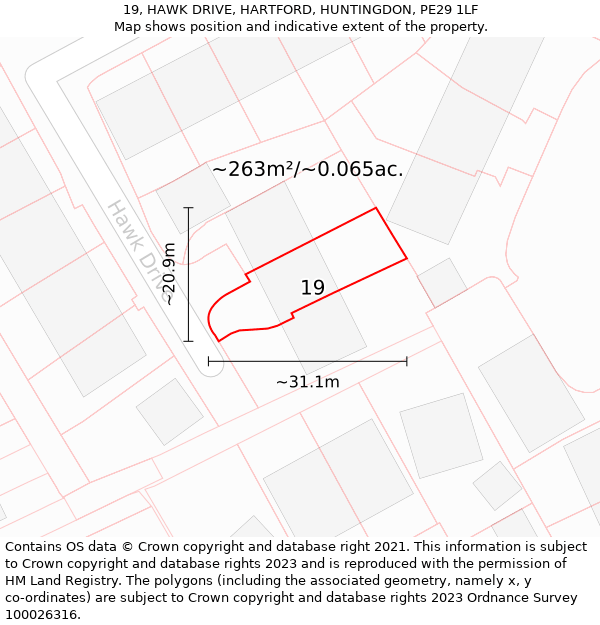 19, HAWK DRIVE, HARTFORD, HUNTINGDON, PE29 1LF: Plot and title map