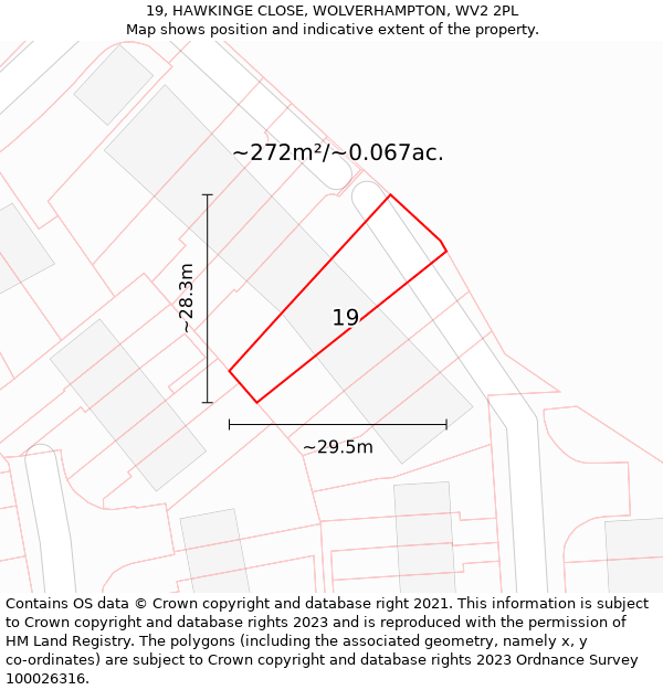 19, HAWKINGE CLOSE, WOLVERHAMPTON, WV2 2PL: Plot and title map