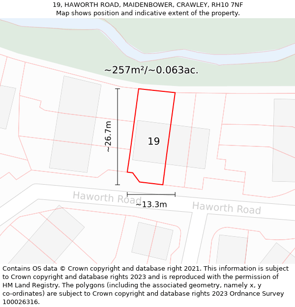 19, HAWORTH ROAD, MAIDENBOWER, CRAWLEY, RH10 7NF: Plot and title map