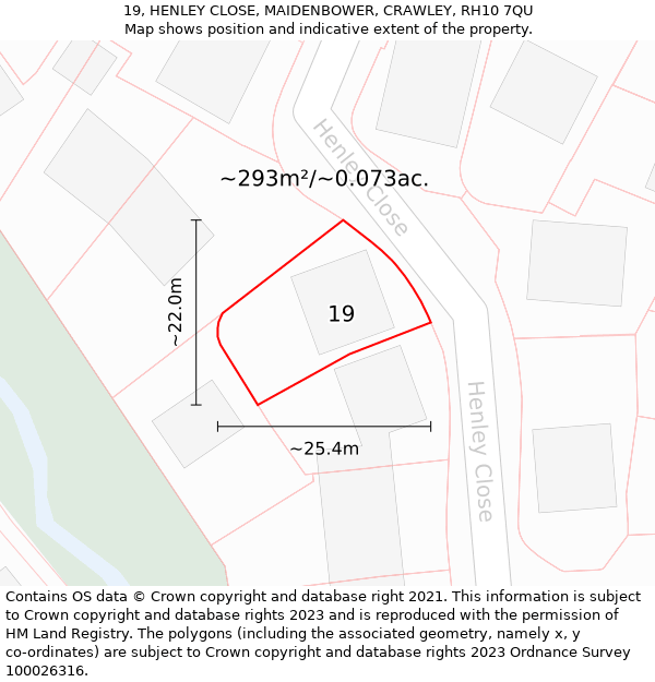 19, HENLEY CLOSE, MAIDENBOWER, CRAWLEY, RH10 7QU: Plot and title map