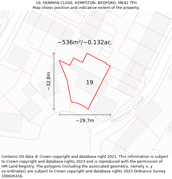 19, HENMAN CLOSE, KEMPSTON, BEDFORD, MK42 7FH: Plot and title map