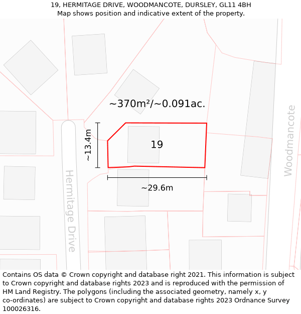 19, HERMITAGE DRIVE, WOODMANCOTE, DURSLEY, GL11 4BH: Plot and title map