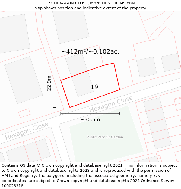 19, HEXAGON CLOSE, MANCHESTER, M9 8RN: Plot and title map