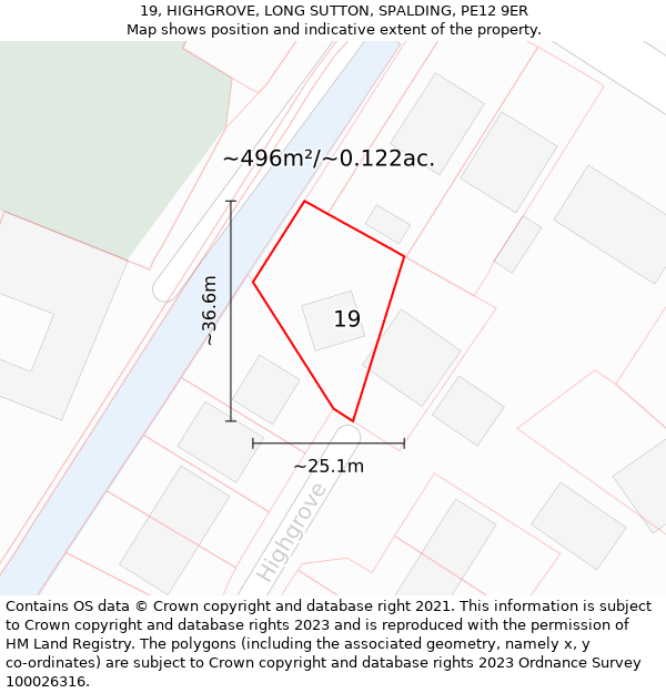 19, HIGHGROVE, LONG SUTTON, SPALDING, PE12 9ER: Plot and title map