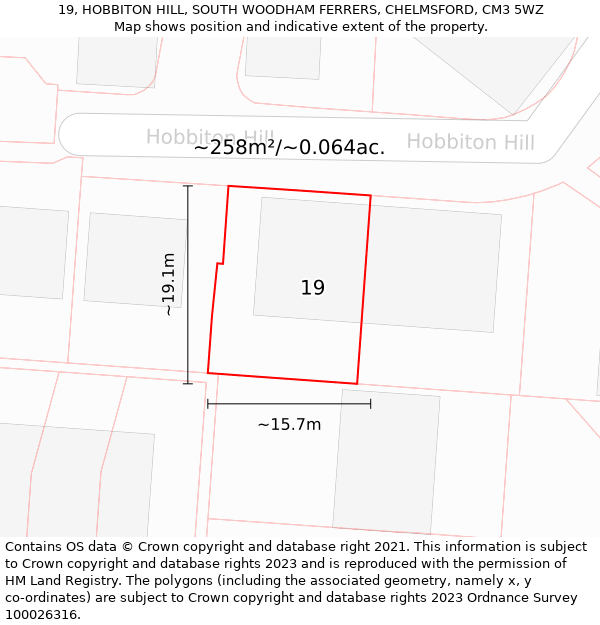 19, HOBBITON HILL, SOUTH WOODHAM FERRERS, CHELMSFORD, CM3 5WZ: Plot and title map