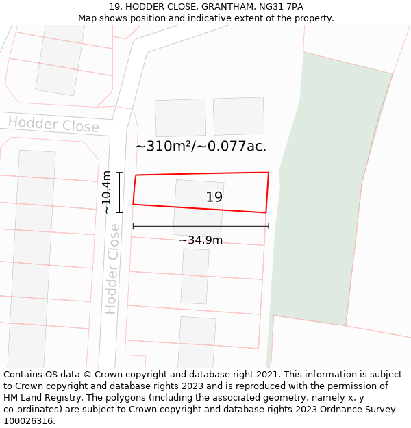 19, HODDER CLOSE, GRANTHAM, NG31 7PA: Plot and title map