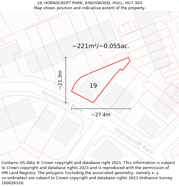 19, HORNSCROFT PARK, KINGSWOOD, HULL, HU7 3GS: Plot and title map