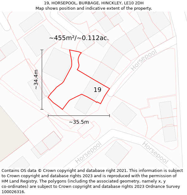 19, HORSEPOOL, BURBAGE, HINCKLEY, LE10 2DH: Plot and title map