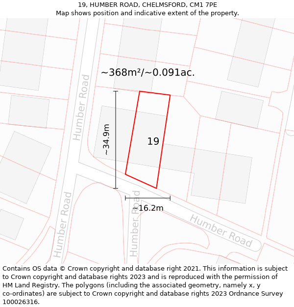 19, HUMBER ROAD, CHELMSFORD, CM1 7PE: Plot and title map