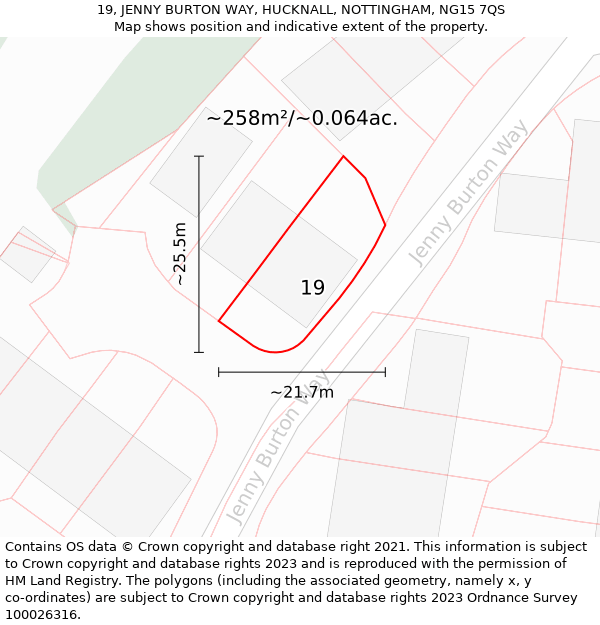 19, JENNY BURTON WAY, HUCKNALL, NOTTINGHAM, NG15 7QS: Plot and title map